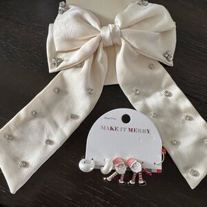 Holiday Cream Bow Hair Accessory w/ rhinestones and earrings